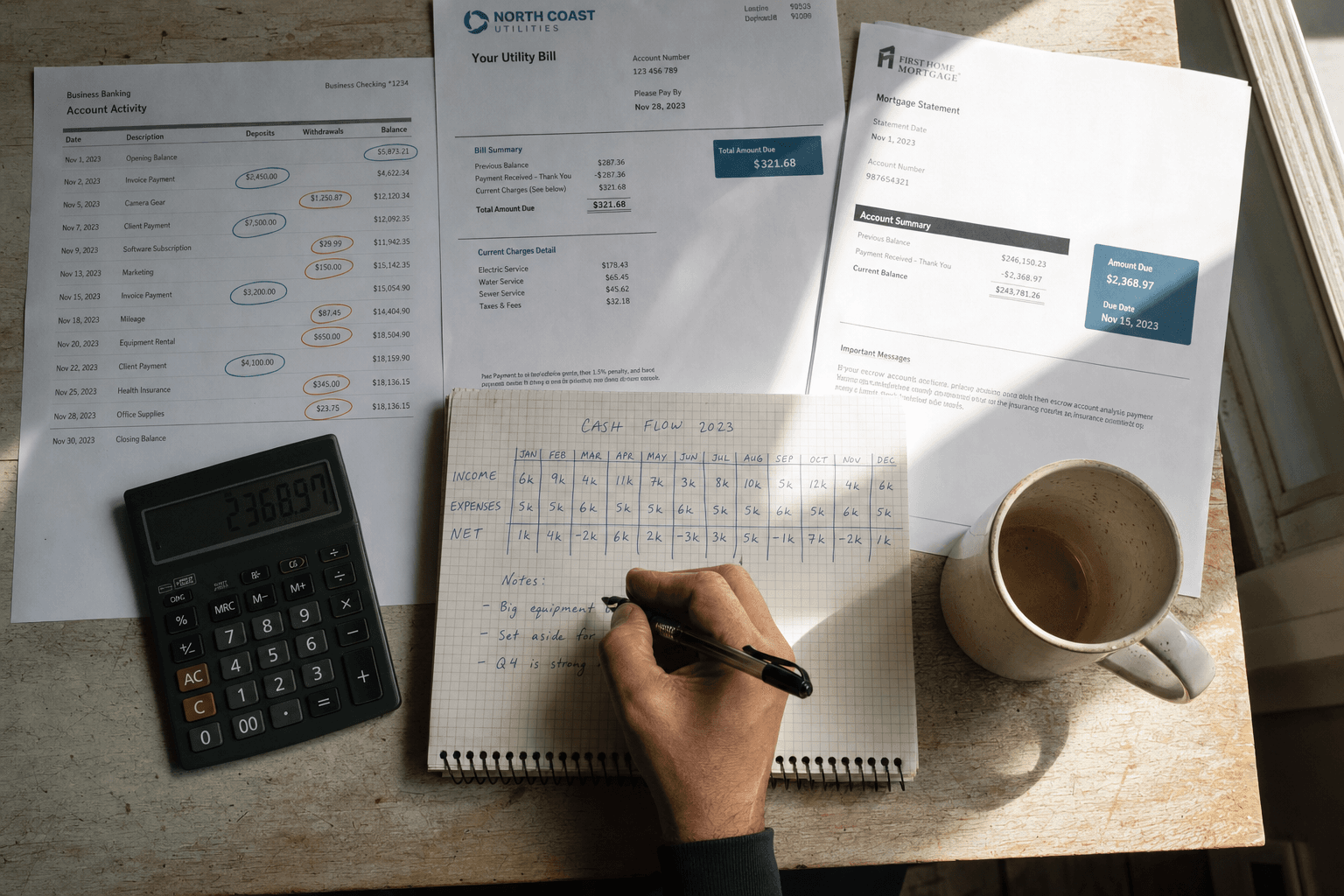 Handwritten cash flow table surrounded by financial paperwork and a calculator — the manual approach Keel replaces