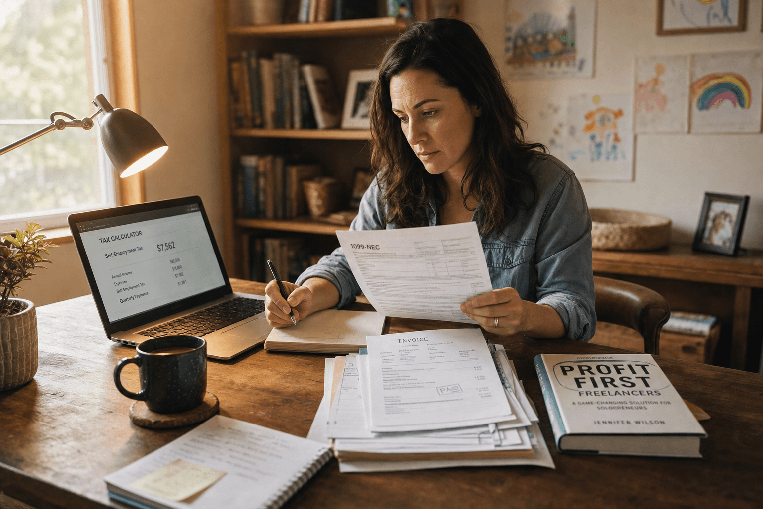 A freelancer at a home office reviewing financial documents and tax forms