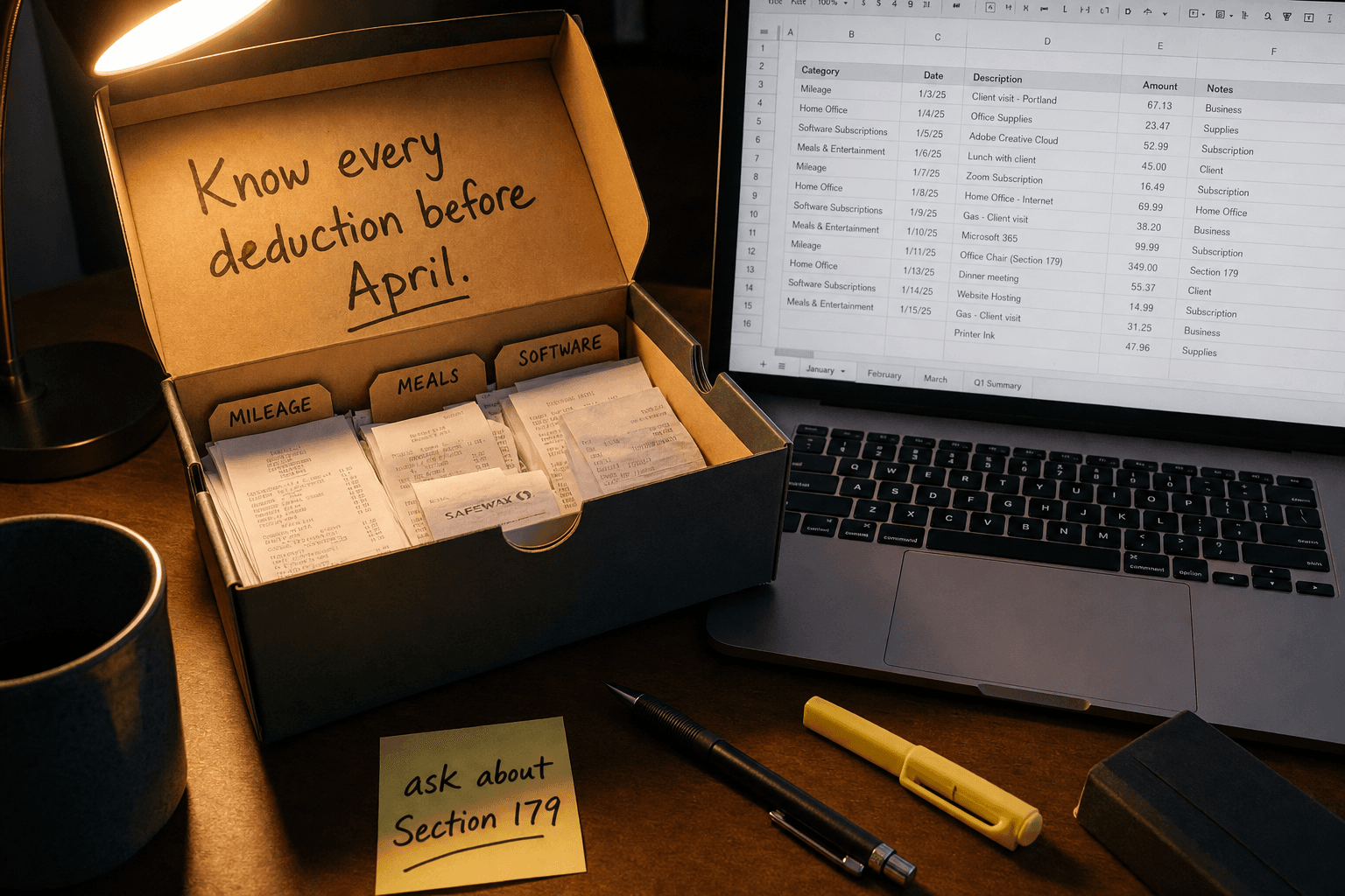 A receipt organizer labeled 'Know Every Deduction Before April' beside a laptop with categorized expenses