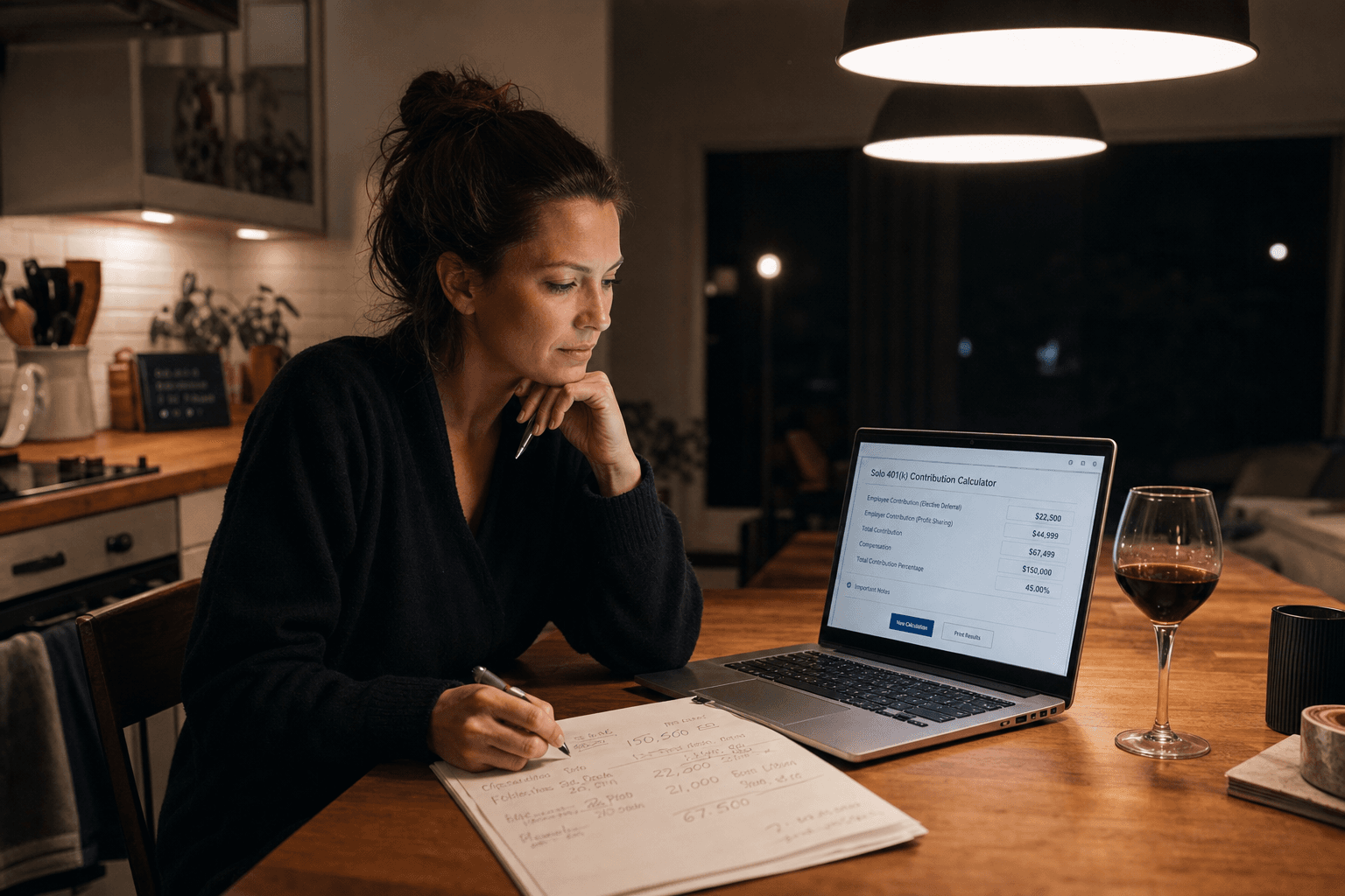 A freelancer working through finances at her kitchen table late at night